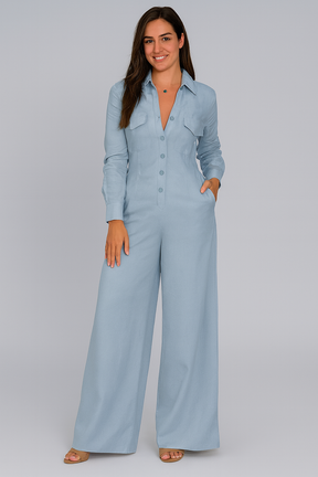 Macacão Cintia - Com Botão de Manga Comprida e Calça Larga